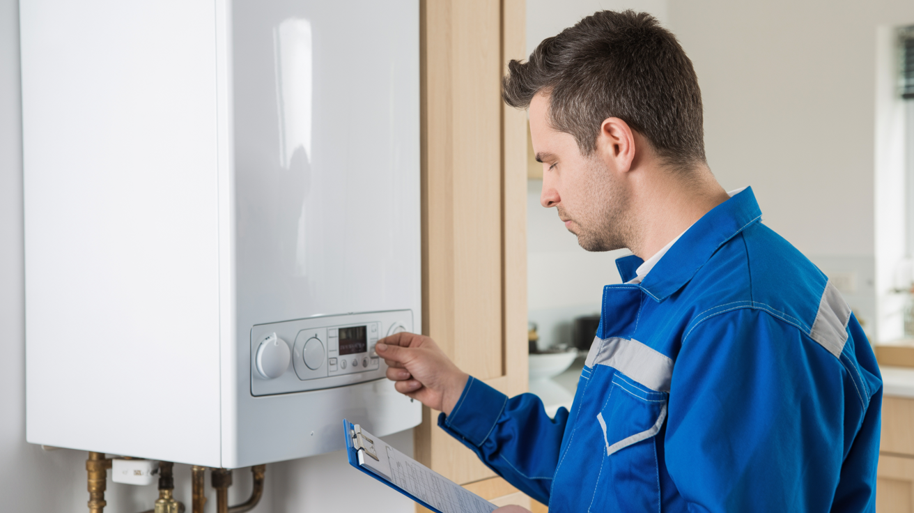 Gas Safe registered engineer inspecting a combi boiler in Sutton Coldfield home