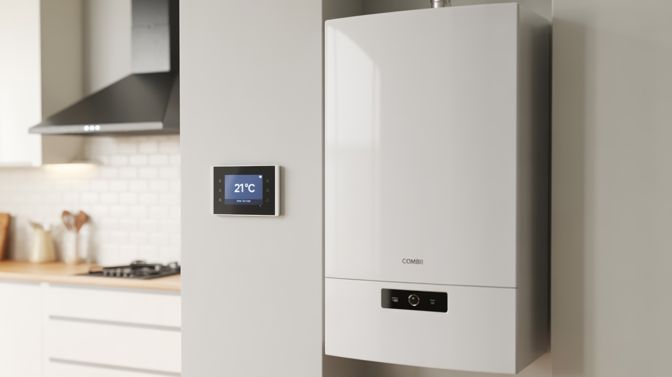 Modern A-rated combi boiler with smart thermostat — new boiler technology for Sutton Coldfield homeowners