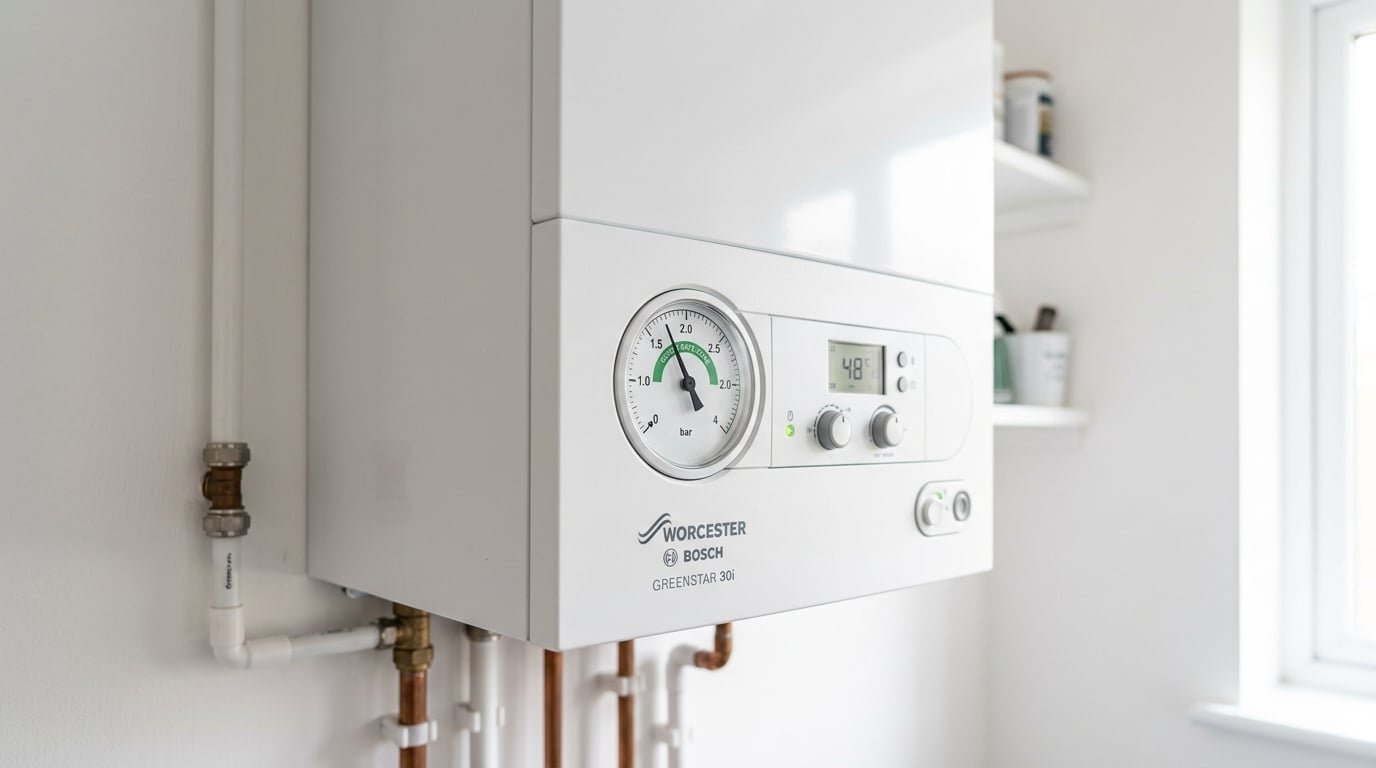 Combi boiler pressure gauge showing healthy 1.5 bar reading – summer boiler maintenance Tamworth