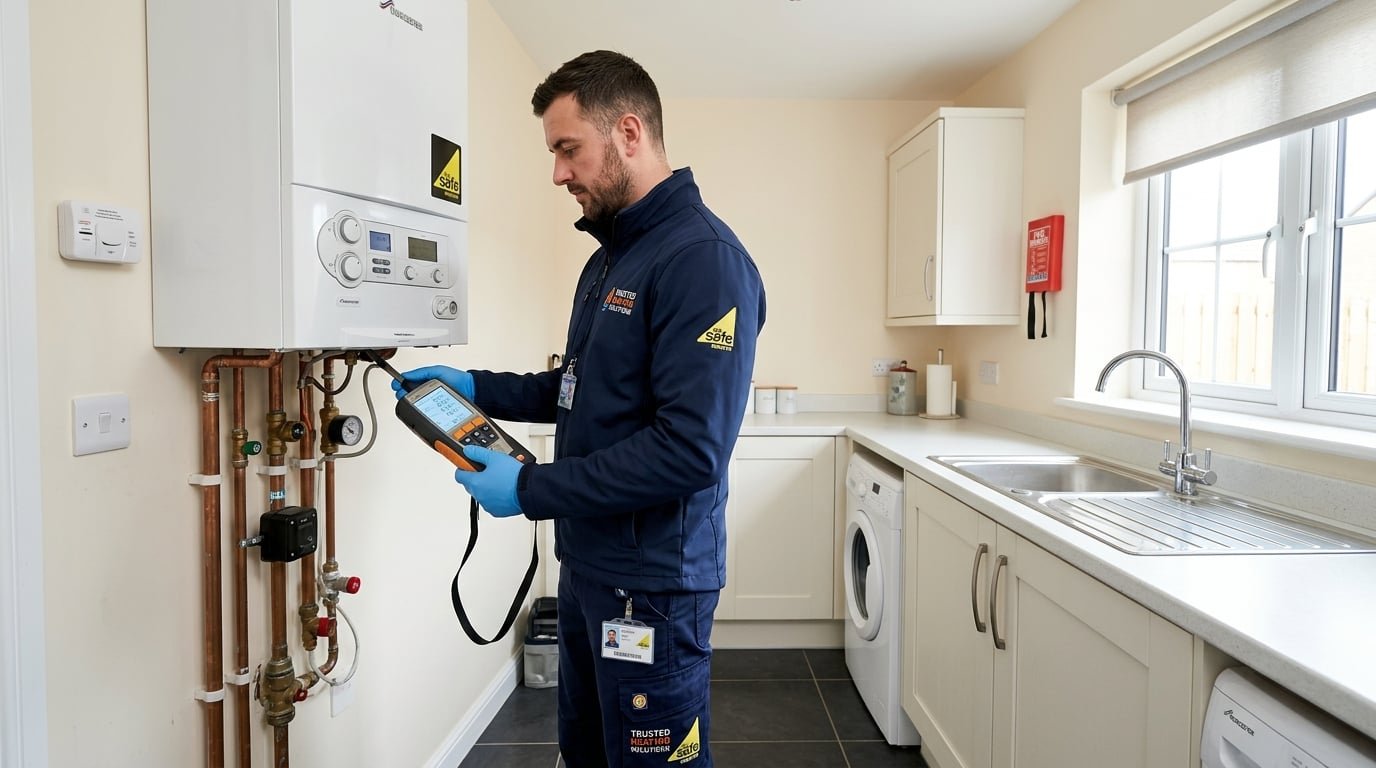 Gas Safe registered engineer performing a gas safety check on a combi boiler in Sutton Coldfield