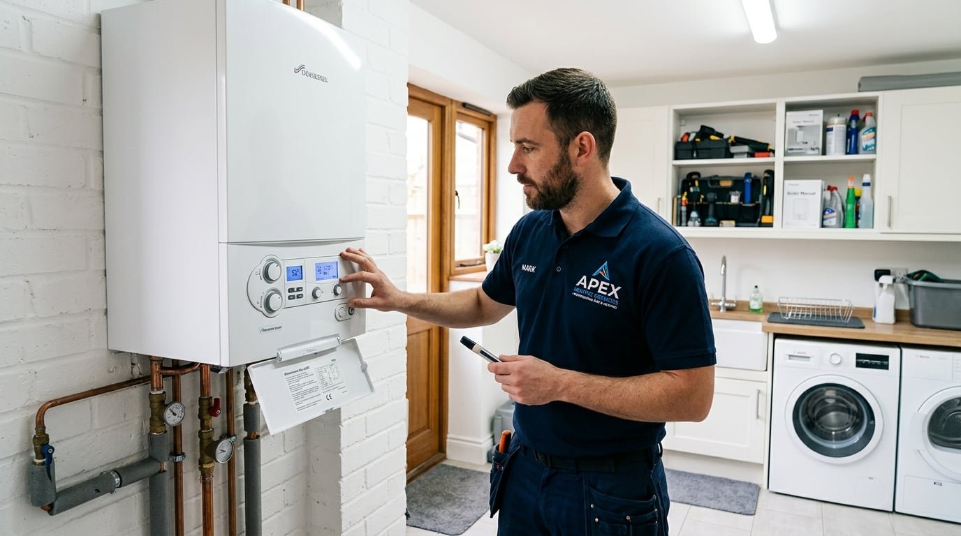 Gas Safe registered heating engineer servicing a boiler in Lichfield home