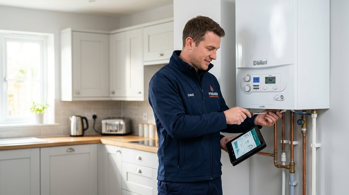Gas Safe registered heating engineer servicing a combi boiler in a home in Sutton Coldfield