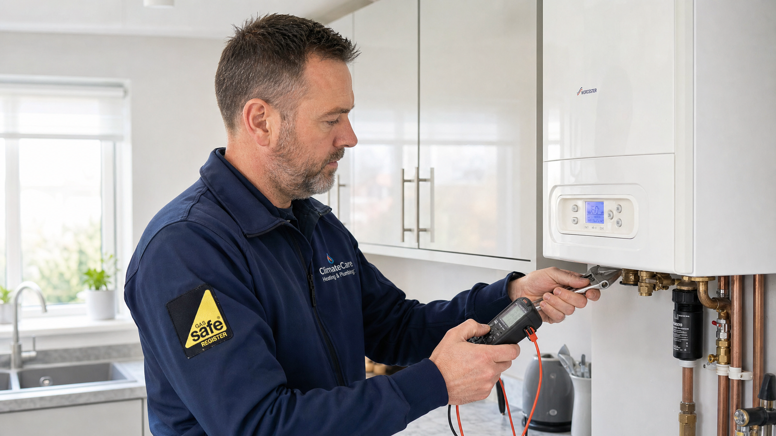 Gas Safe registered heating engineer servicing a combi boiler in a Tamworth home – Vulcan Heat