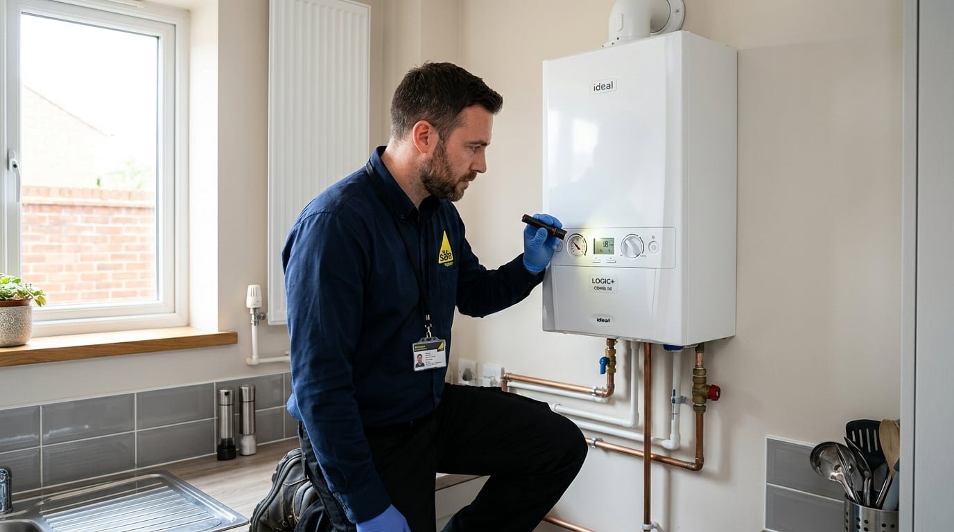 Gas Safe engineer inspecting a combi boiler in a Tamworth home during summer