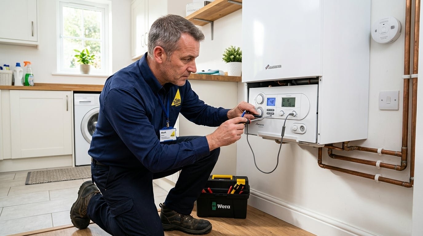 Gas Safe heating engineer inspecting a modern combi boiler in a Tamworth home during summer